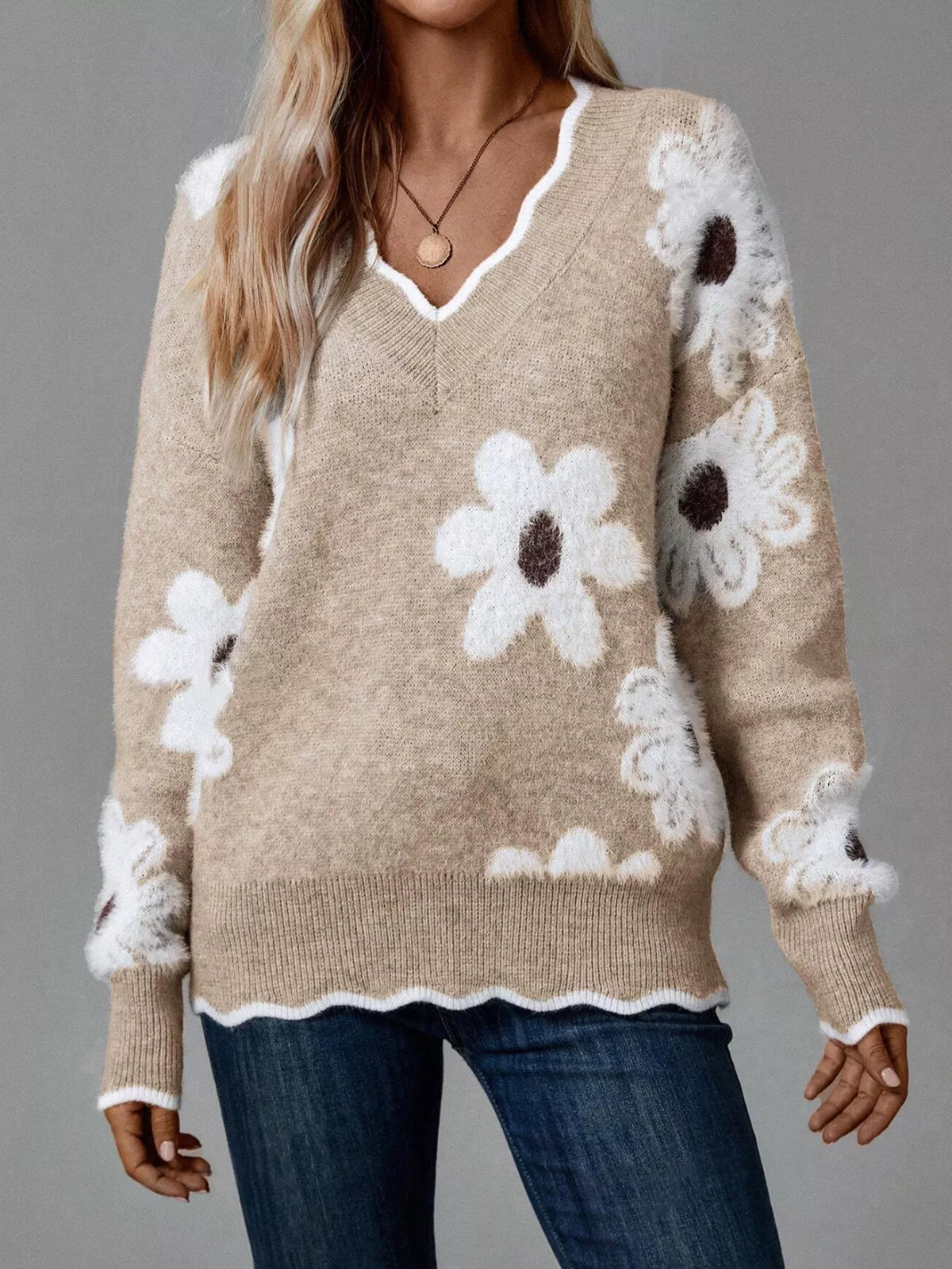 Women’s Floral V-Neck Long Sleeve Sweater
