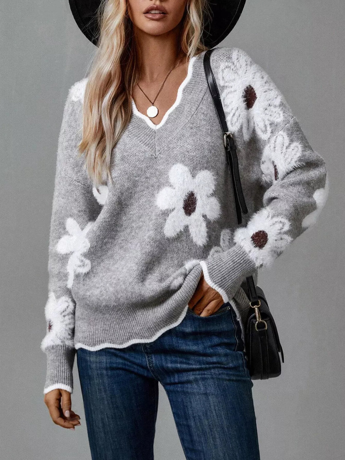 Women’s Floral V-Neck Long Sleeve Sweater