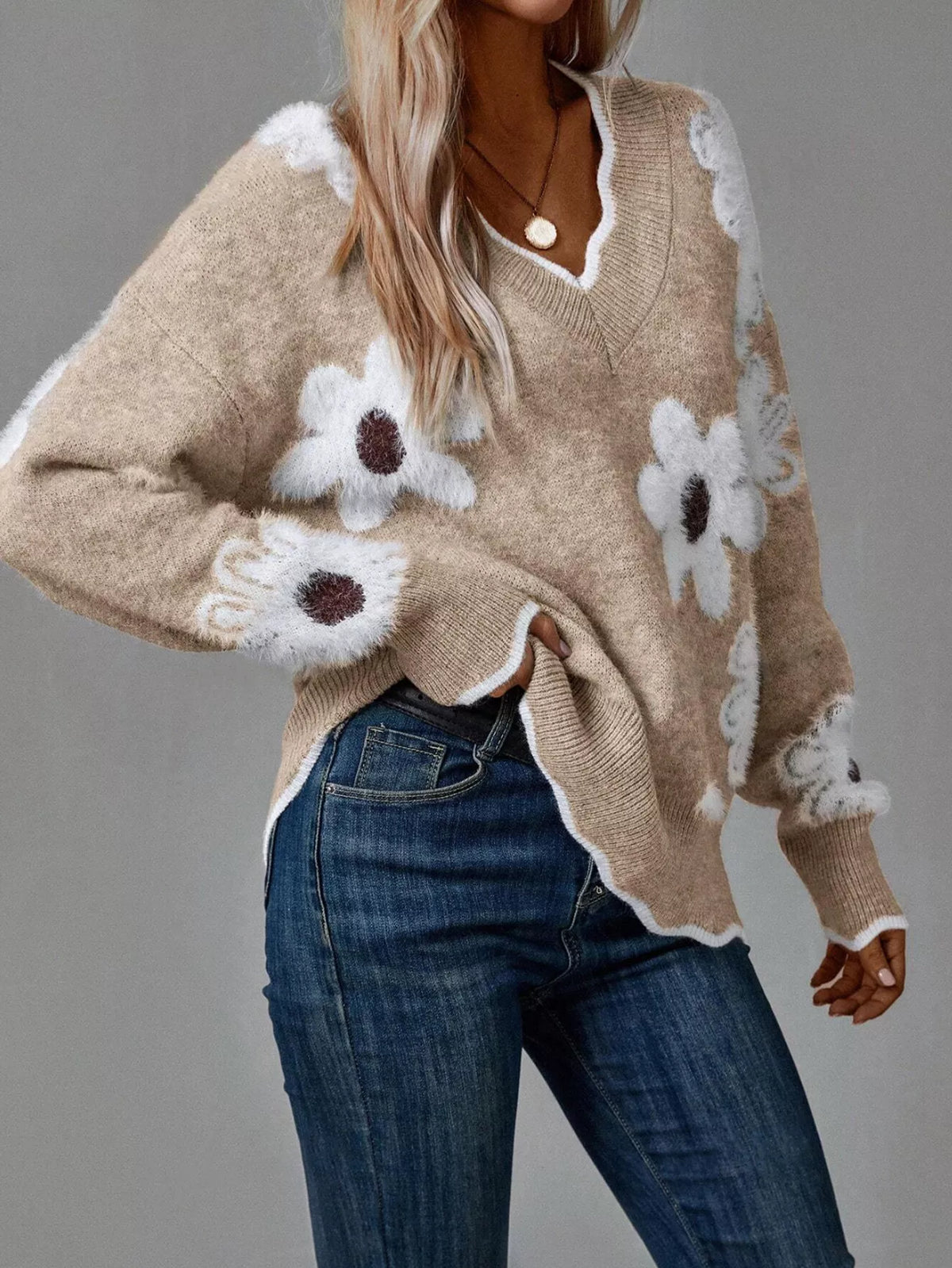 Women’s Floral V-Neck Long Sleeve Sweater